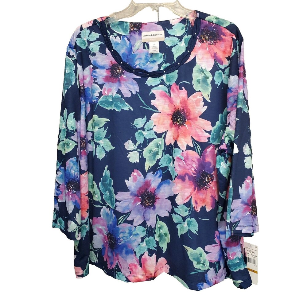 Alfred Dunner Woman Boho Vibes Floral Braided Studded Neckline Tunic Size 3X NWT